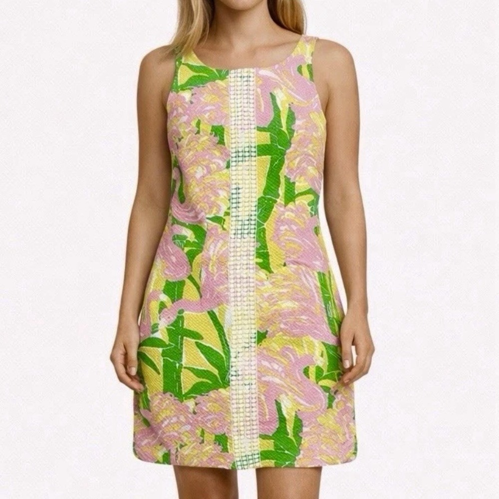 LILLY PULITZER  Fan Dance Flamingo Floral Shift Dress sz 2 Lace Trim Tropical